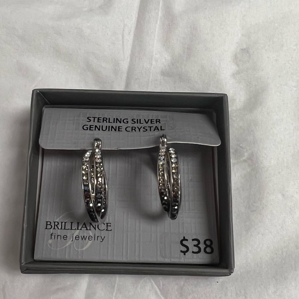 Sterling Silver Black Ombre Crystal Hoops